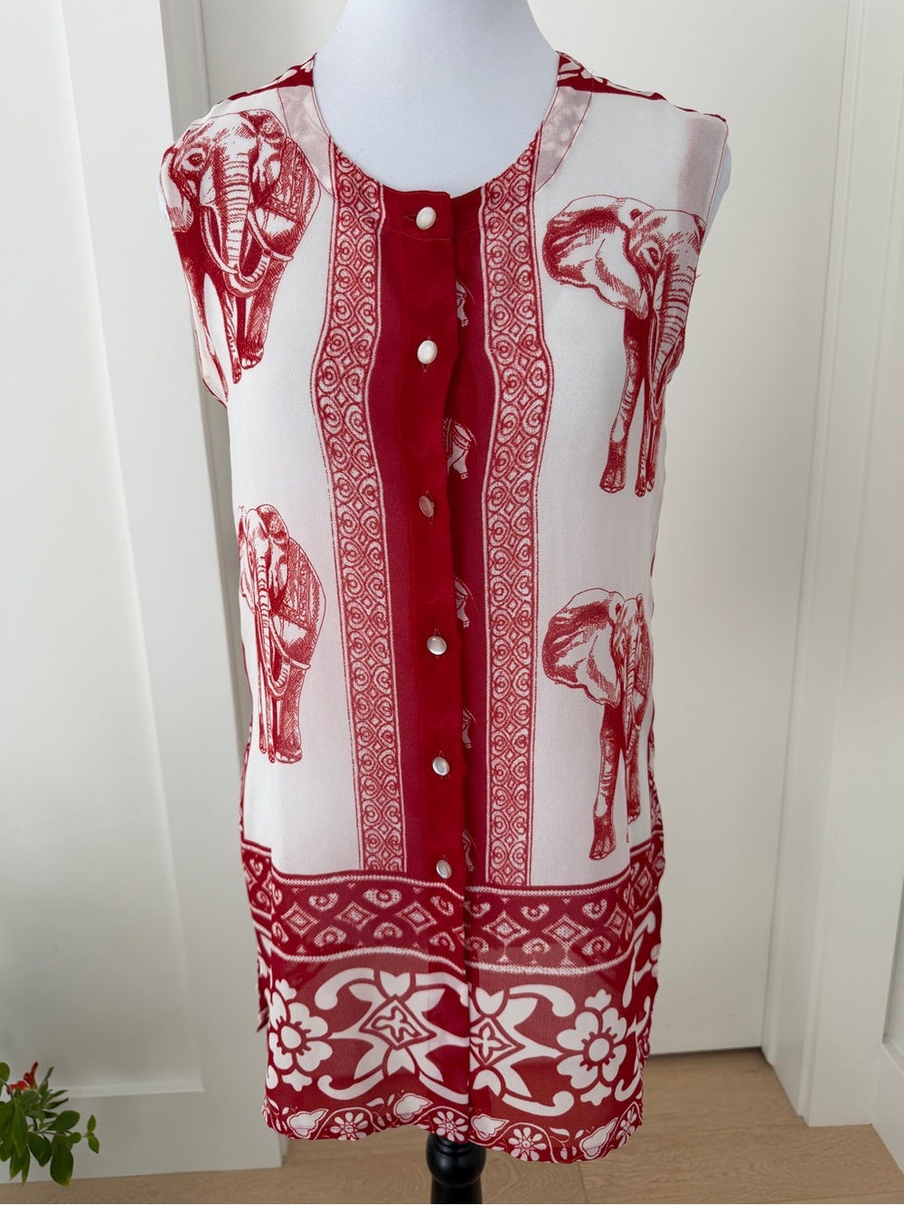 Bluelife Sheer Tunic Blouse Button Front Elephant Pattern Resortwear Summer Chic